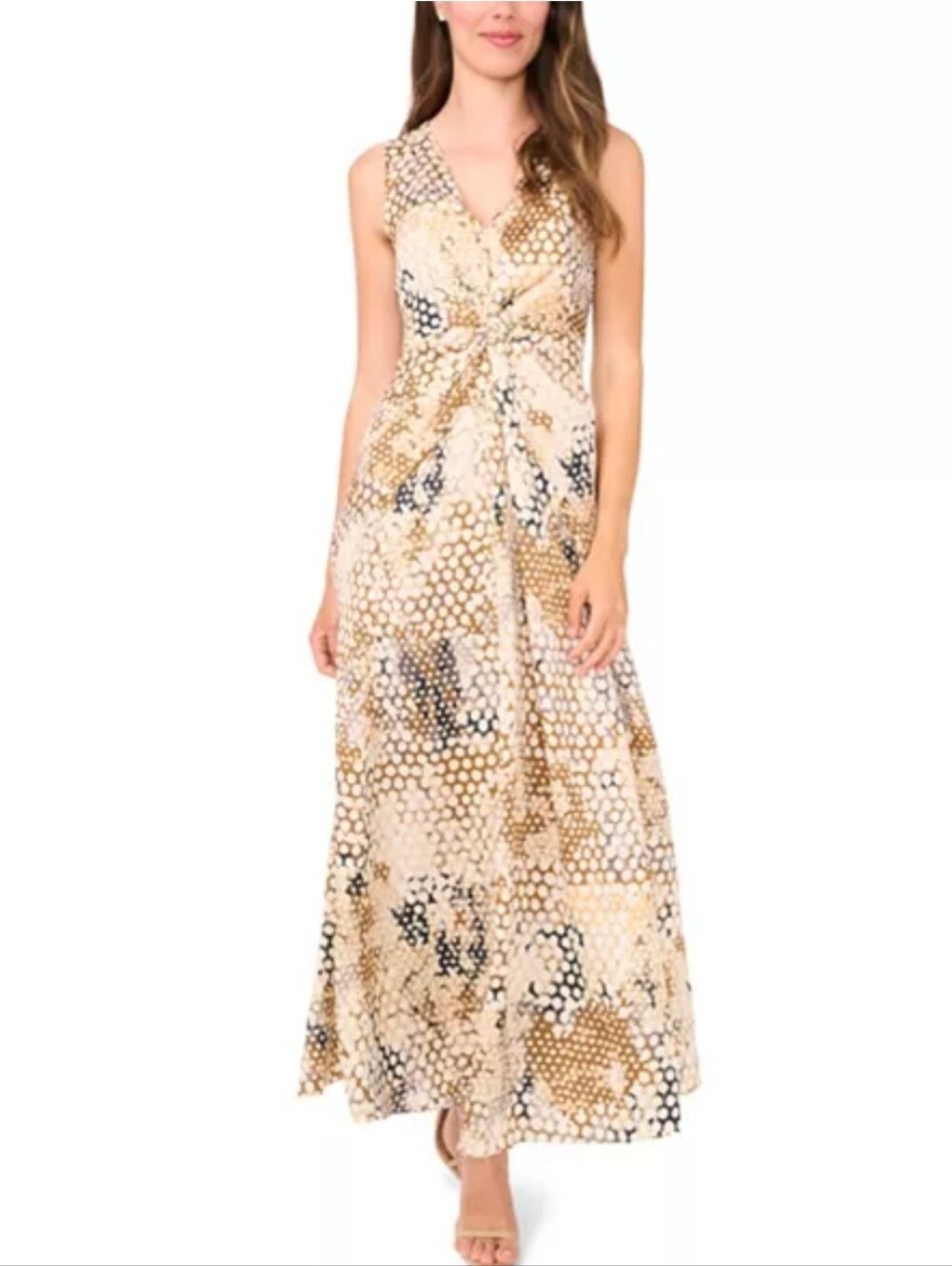 1.STATE NWT Brown Taupe Printed Twist Front Maxi Dress Size L $129 Neutral